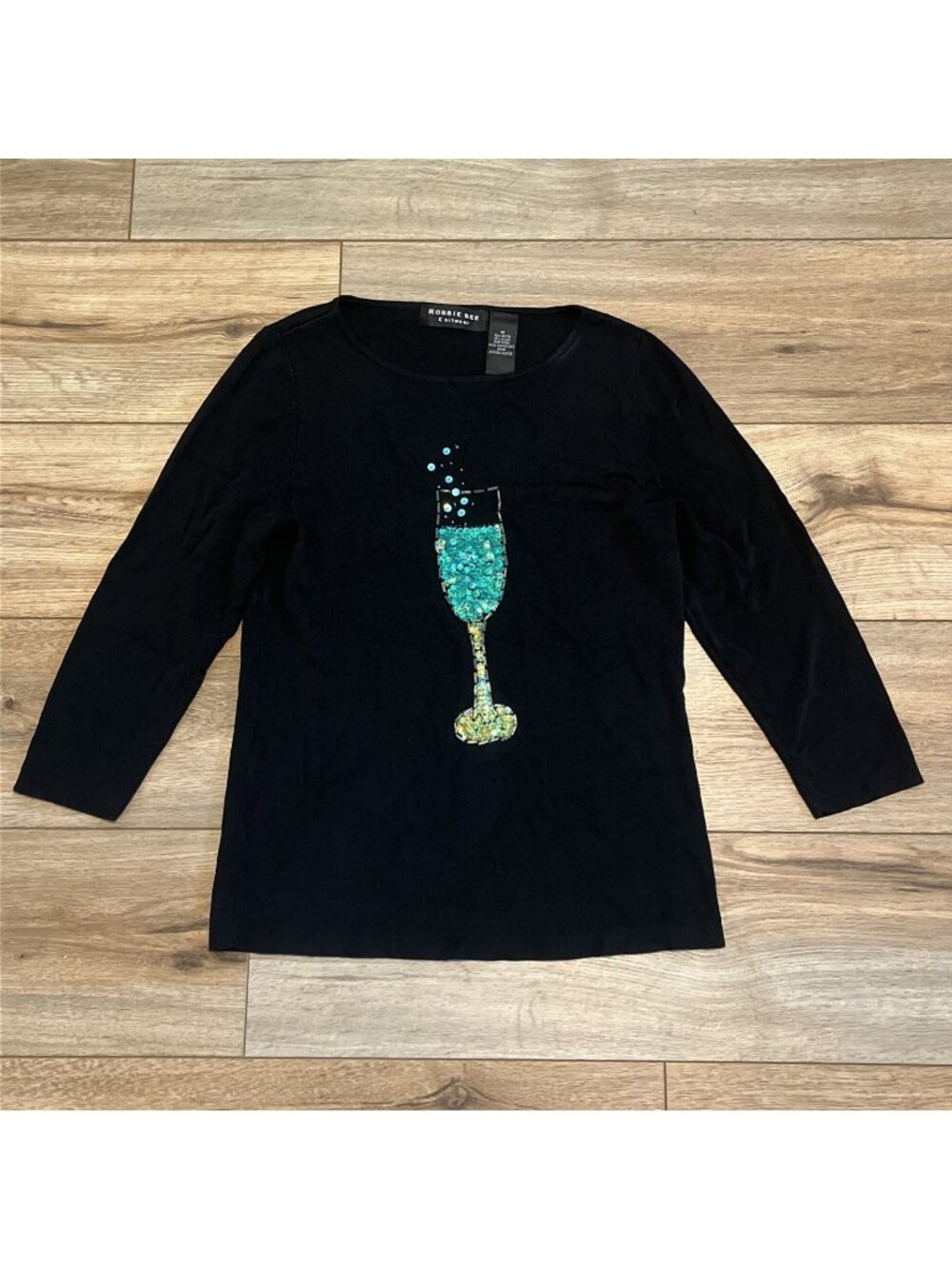 Robbie Bee Champagne Top MEDIUM Black Bubbly Sequin Beaded y2k Stretch Vintage